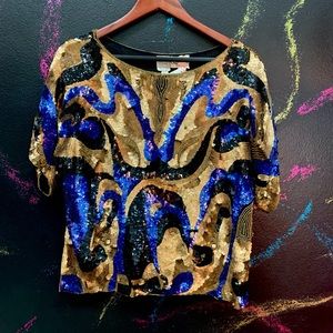 1960s Vintage Designer Oleg Cassini Gold/Blk/Blue Sequined Top, Size Medium